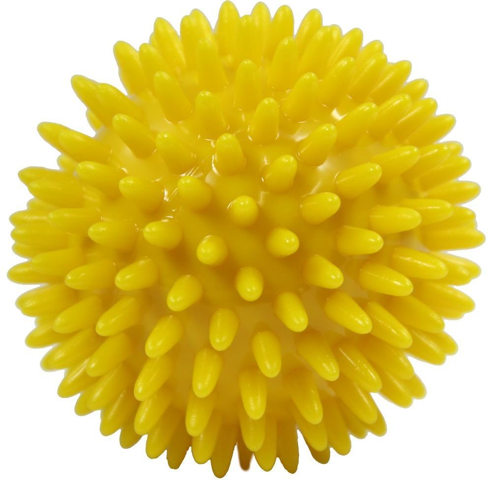Ein gelber Massageball mit vielen kleinen Noppen.