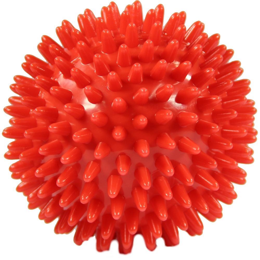 Ein roter Ball mit vielen kurzen, weichen Spitzen.