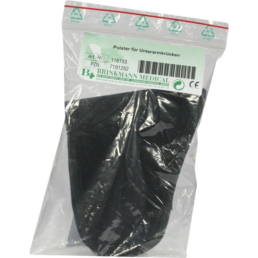 Ein schwarzes Polster für Unterarmkrücken in einer Plastikverpackung.