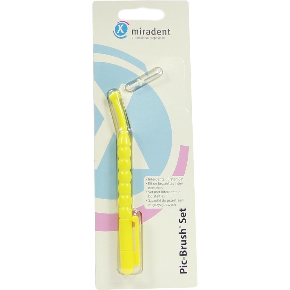 Verpackung mit gelber Interdentalbürste und Schutzhülle.
