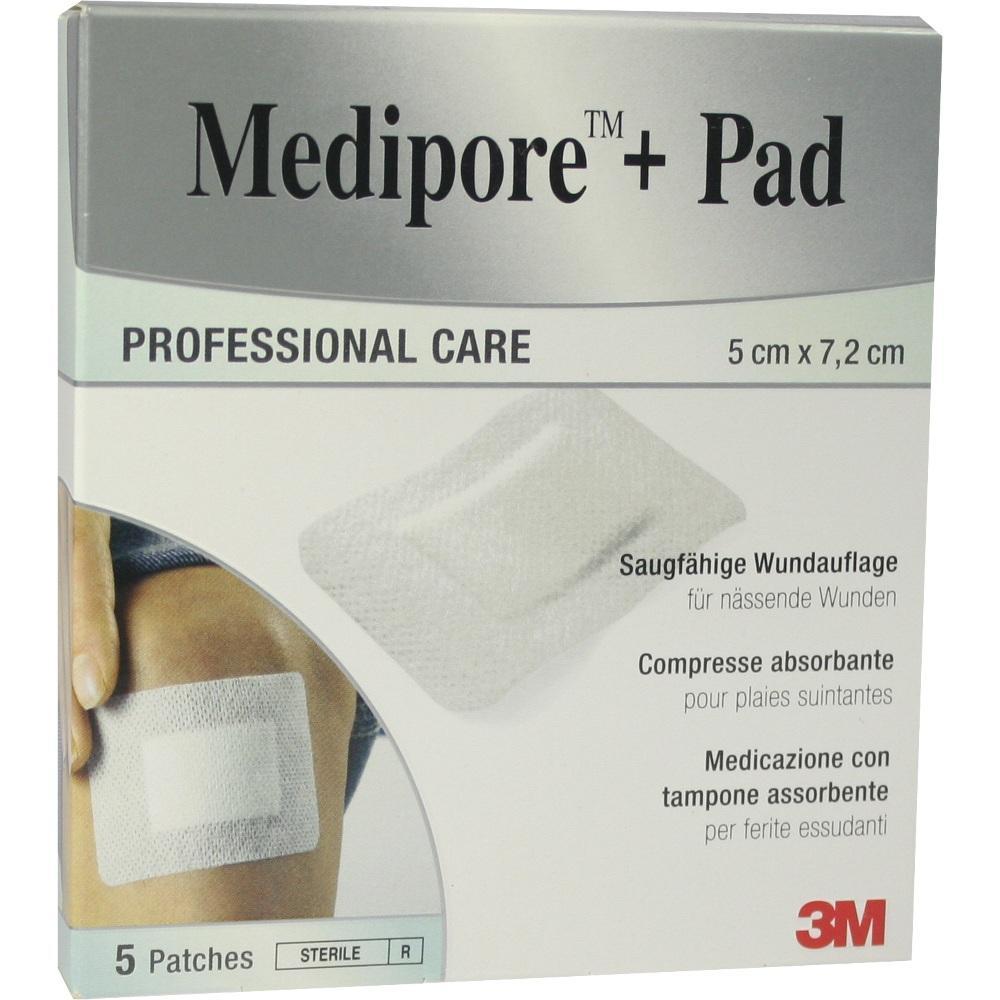 Verpackung einer saugfähigen Wundauflage, Marke Medipore, mit Abbildung eines angelegten Pflasters.
