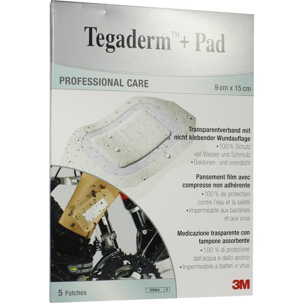 Die Verpackung zeigt einen Tegaderm-Verband mit Polster als Schutz für Wunden.