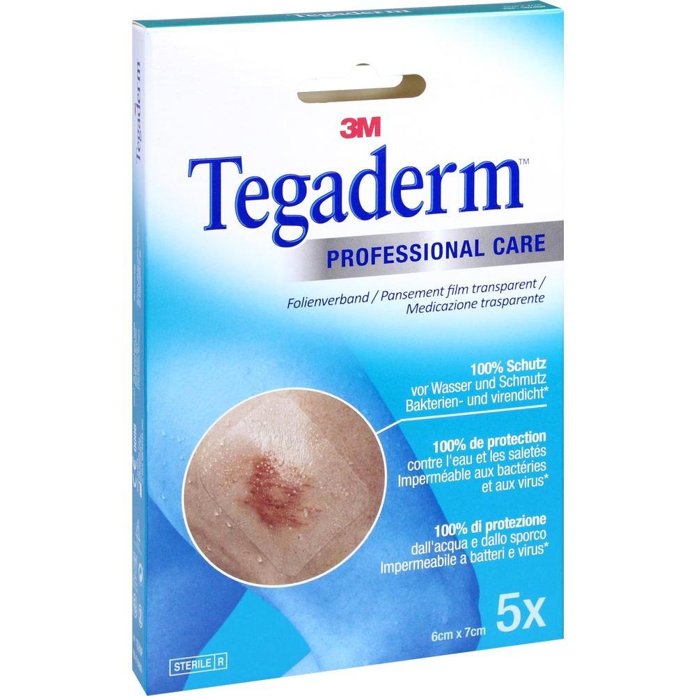 Die Verpackung zeigt einen Tegaderm-Folienverband zur Wundpflege.
