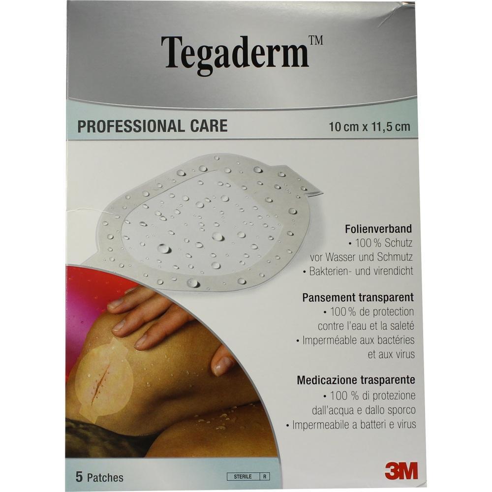 Verpackung von Tegaderm Folienverband mit Abbildung eines Pflasters auf einem Knie.