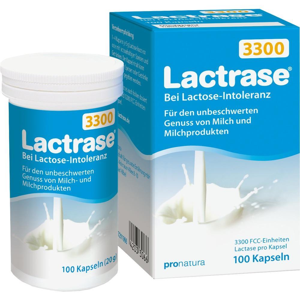 Eine blaue Packung und Dose mit Laktase-Kapseln für Laktose-Intoleranz.