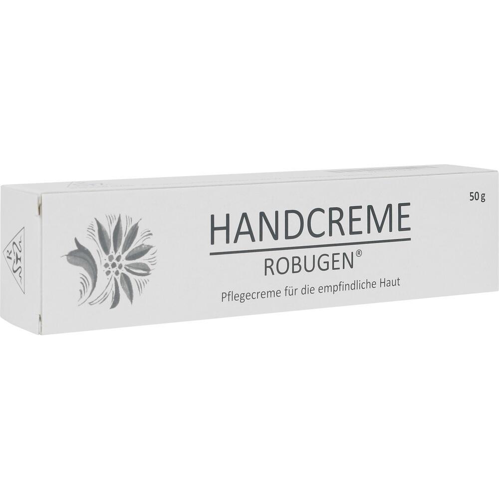 Eine wei&szlig;e Schachtel mit der Aufschrift "Handcreme Robugen".