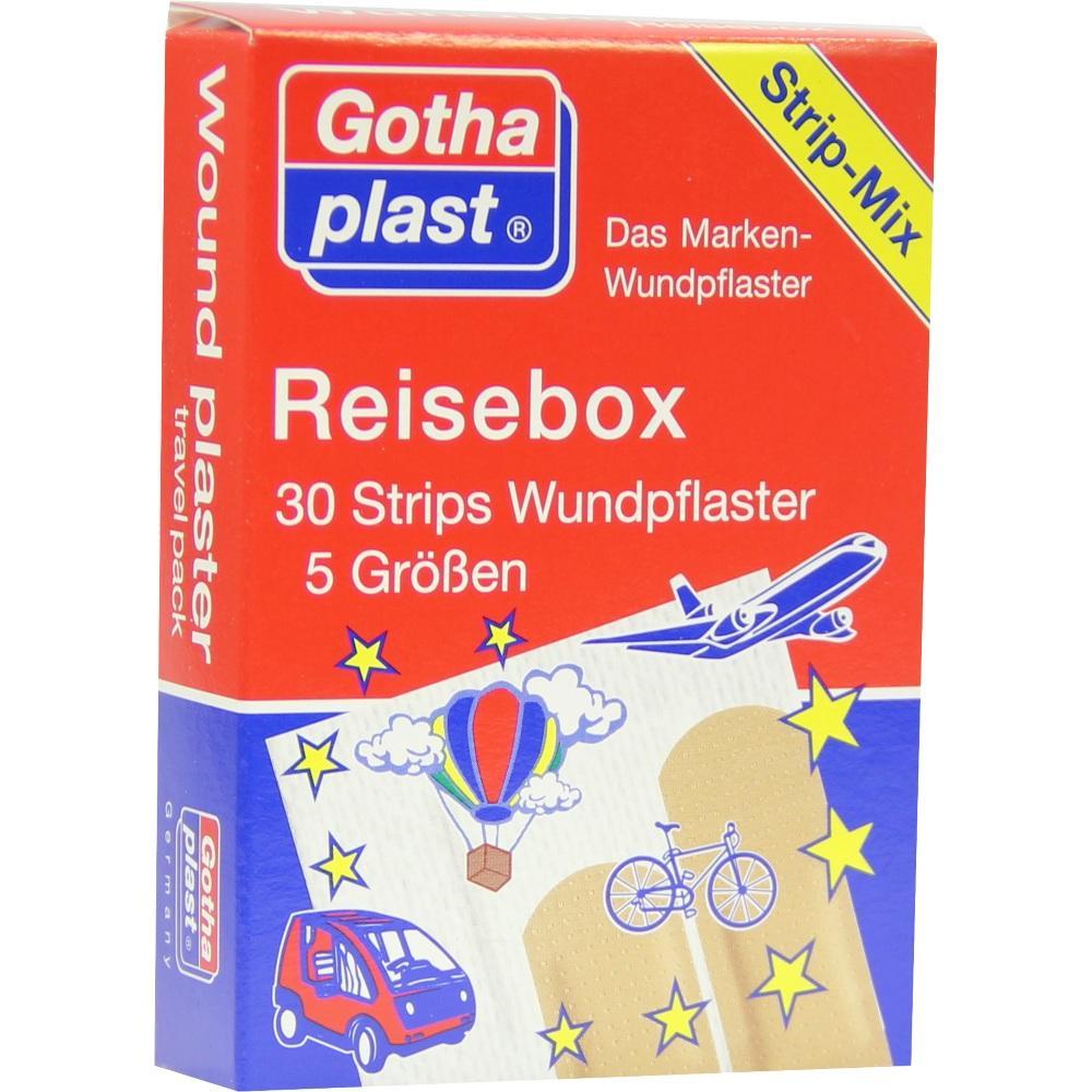Rote Packung für Pflaster mit Reisebildern und Text "Reisebox, 30 Strips Wundpflaster, 5 Größen".