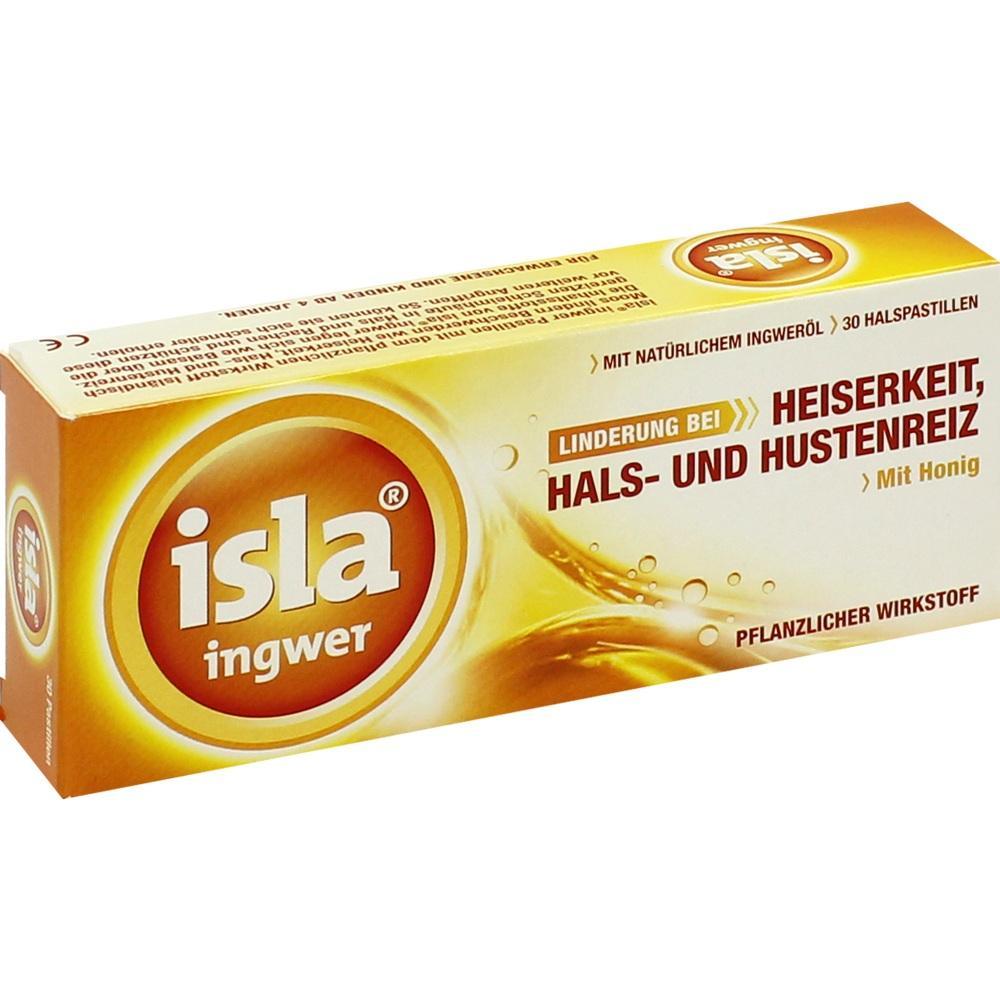 Eine Packung Isla Ingwer Lutschpastillen gegen Heiserkeit und Husten mit Honig.