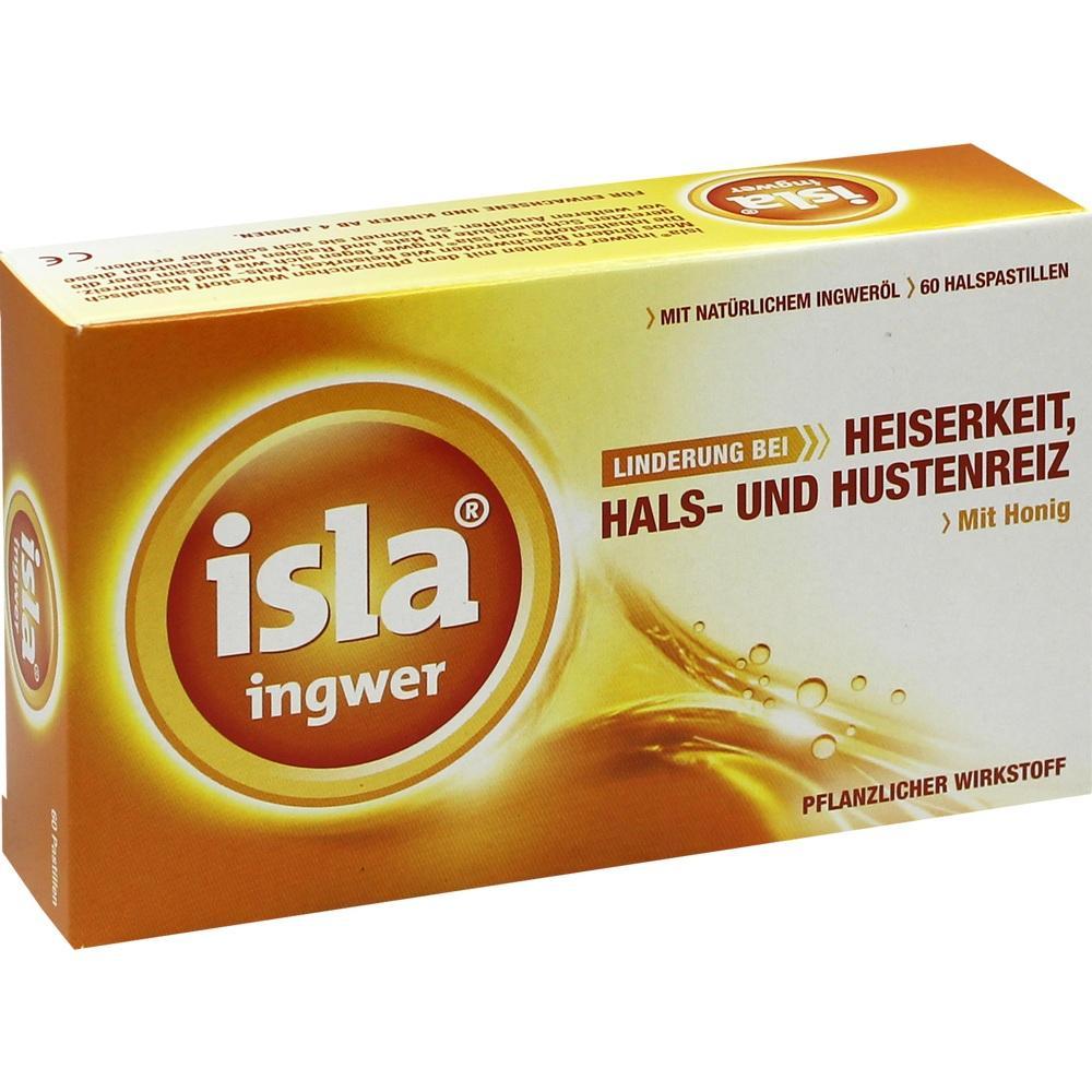 Eine Packung Isla Ingwer Lutschpastillen für Halsbeschwerden.