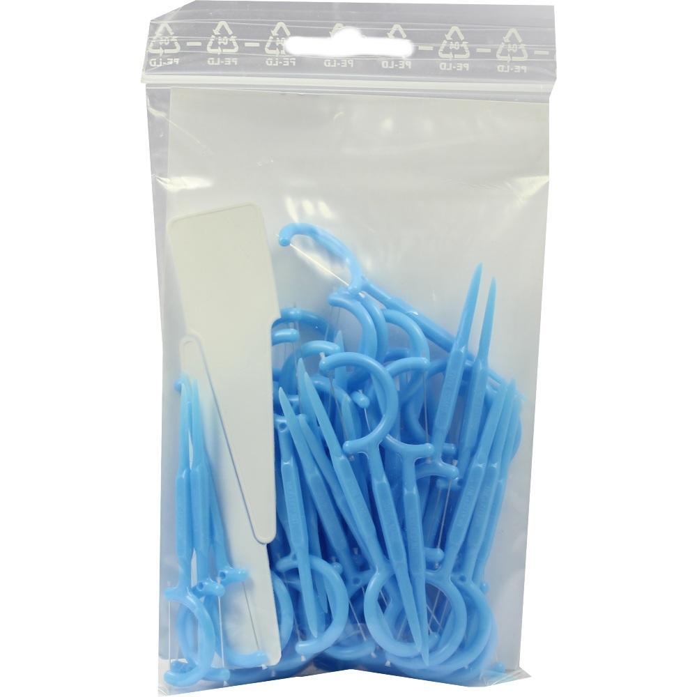 Eine durchsichtige Tüte voller blauer Zahnseidenhalter.