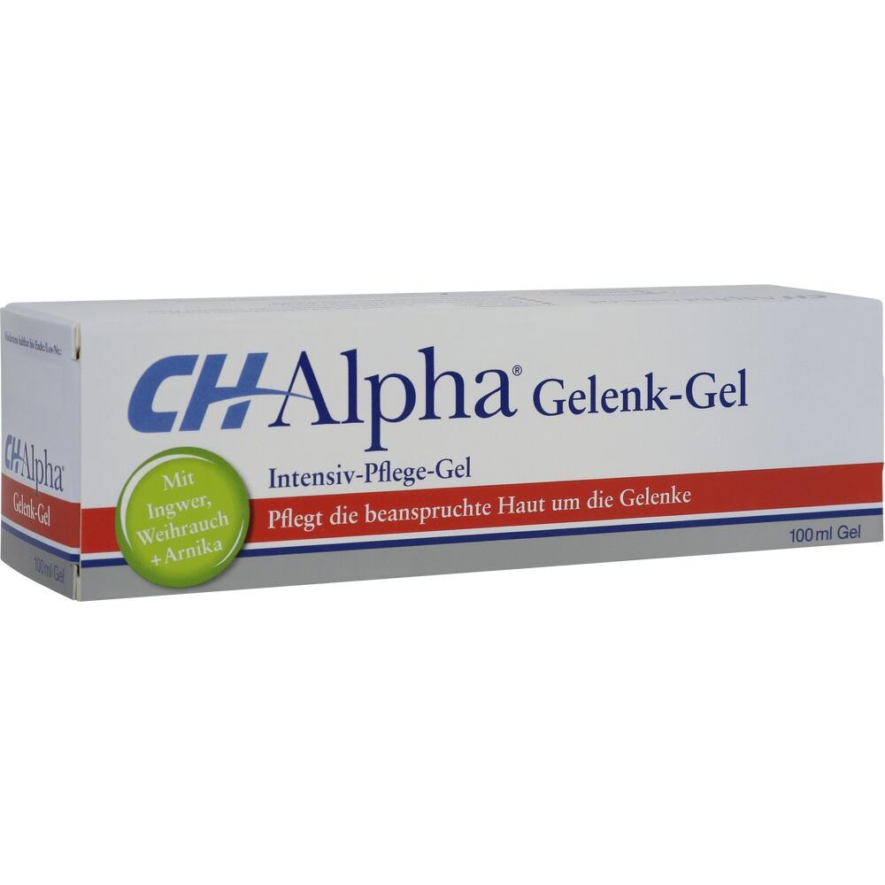 Eine weiße Packung CH Alpha Gelenk-Gel mit Pflegehinweisen und Inhaltsstoffen.