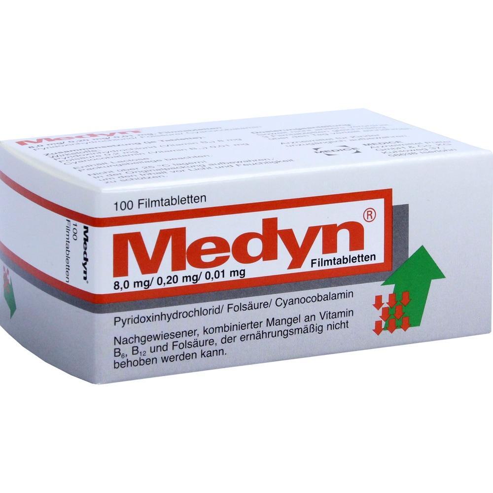 Eine Packung Tabletten mit der Aufschrift "Medyn" und Dosierungsangaben.