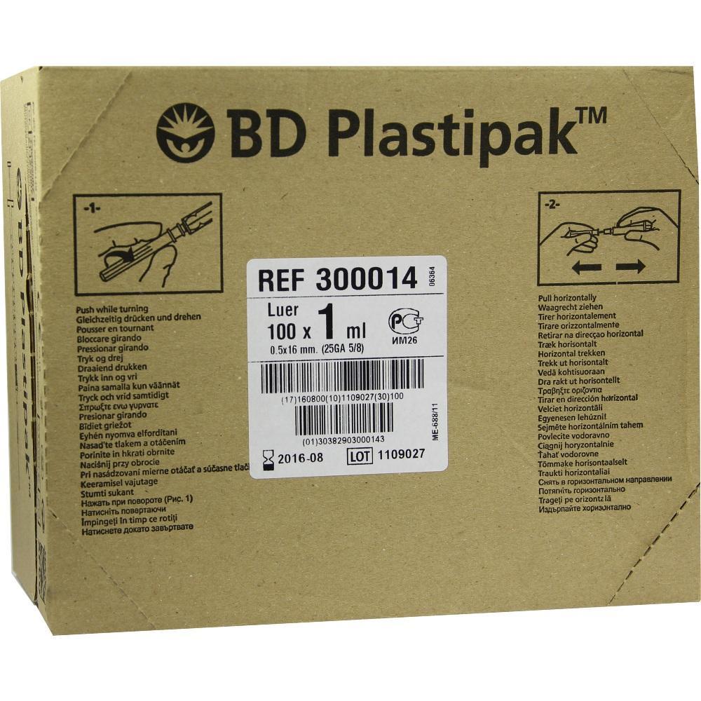 Karton mit Aufschrift "BD Plastipak" und Etikett für 100 Spritzen zu 1 ml.