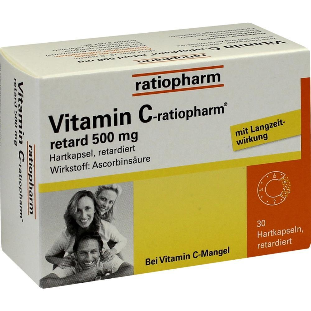 Schachtel mit Vitamin C 500 mg, ratiopharm, zur Behandlung von Vitamin C-Mangel.