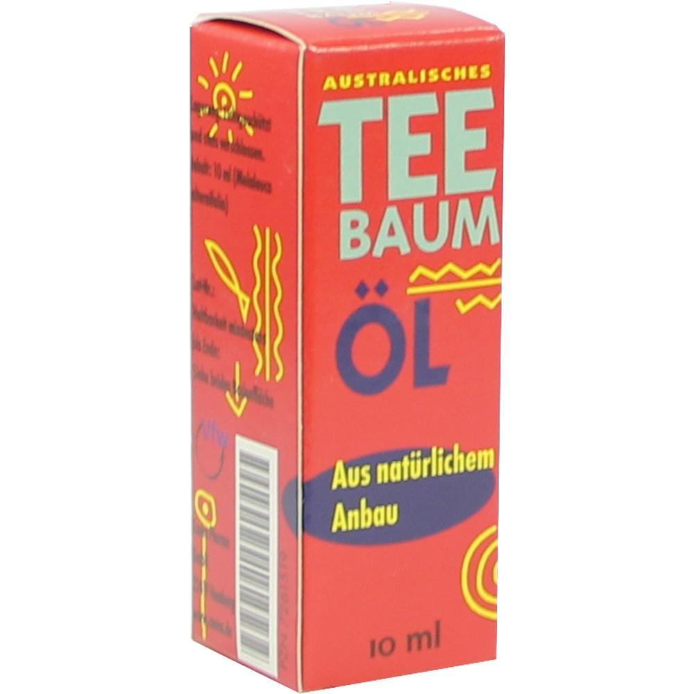 Rote Verpackung für australisches Teebaumöl mit 10 ml Inhalt.