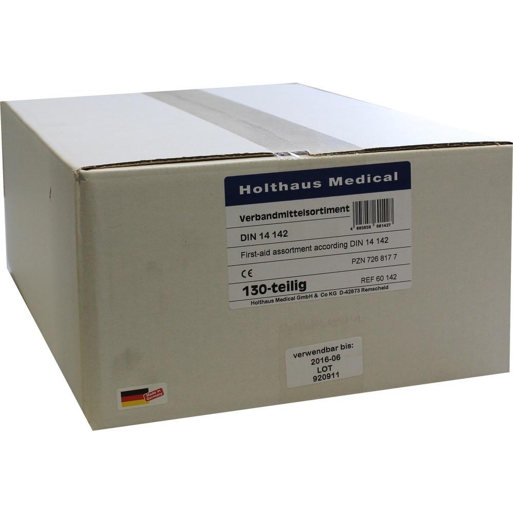 Grauer Karton mit Etikett von Holthaus Medical, 130-teiliges Verbandmittelsortiment.