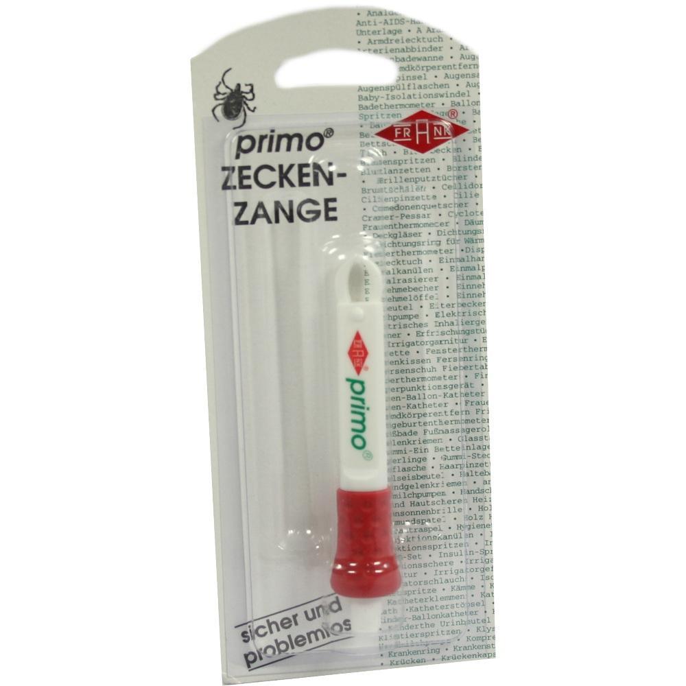 Verpackte Zeckenzange der Marke "primo" f&uuml;r sichere Zeckenentfernung.