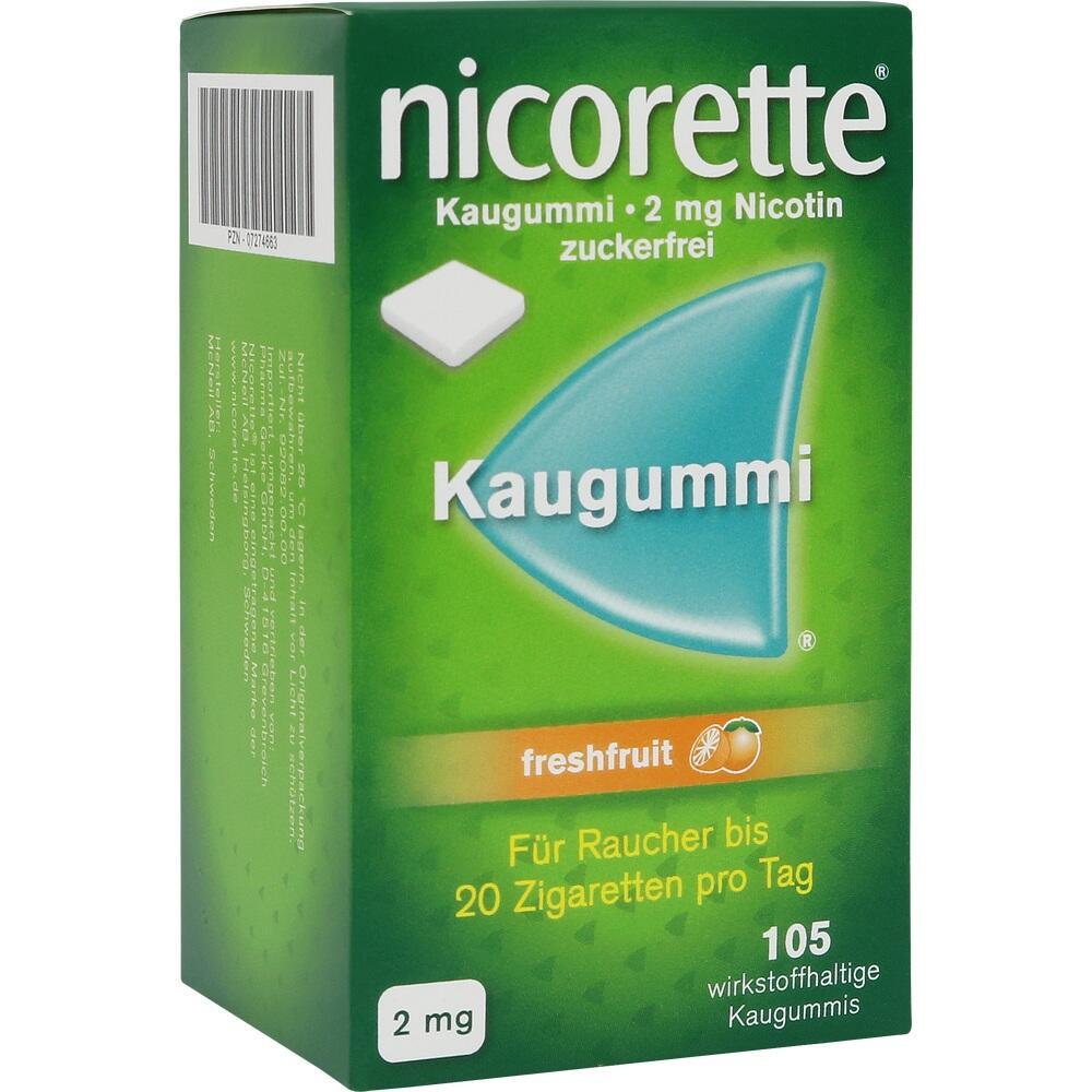 Grüne Verpackung von Nicorette-Kaugummi mit 2 mg Nikotin in Freshfruit-Geschmack.
