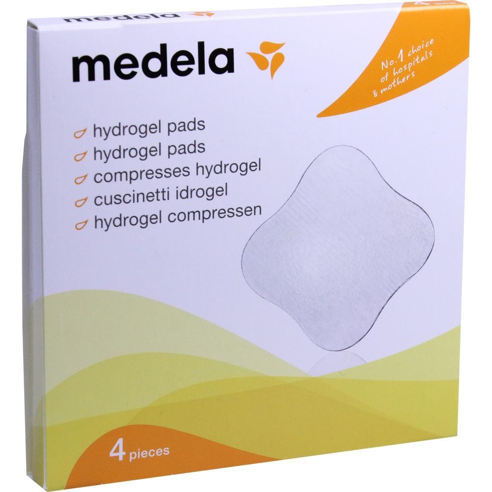 Verpackung mit Hydrogel-Kompressen der Marke Medela, vier Stück.