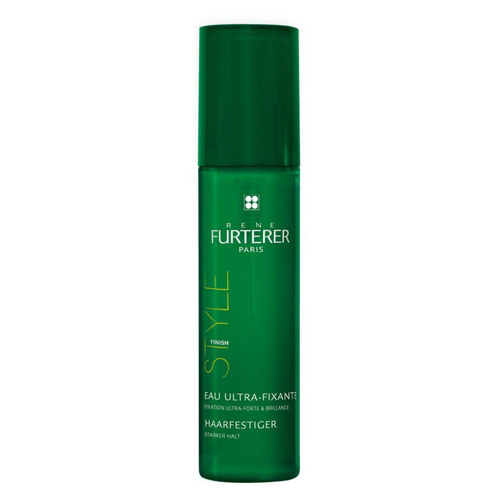 Grüne Flasche mit Haarspray von René Furterer für starken Halt.