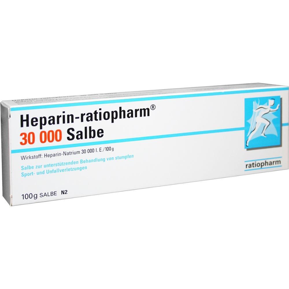 Eine weiße Packung der Heparin-ratiopharm Salbe mit blauer Schrift.