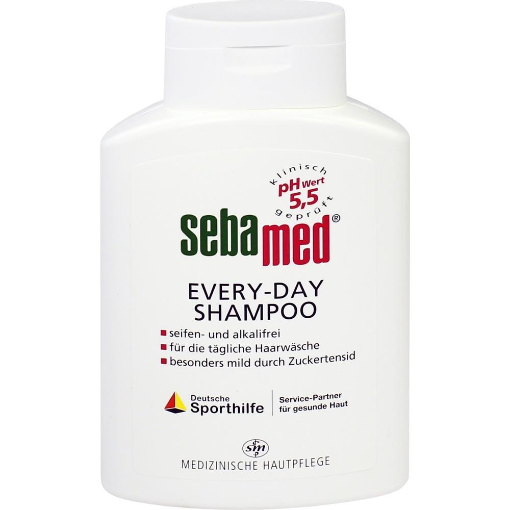 Eine weiße Flasche Sebamed Every-Day Shampoo mit rotem und grünem Aufdruck.