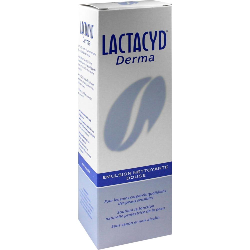 Weiße Verpackung mit der Aufschrift "Lactacyd Derma" in blauer Schrift.