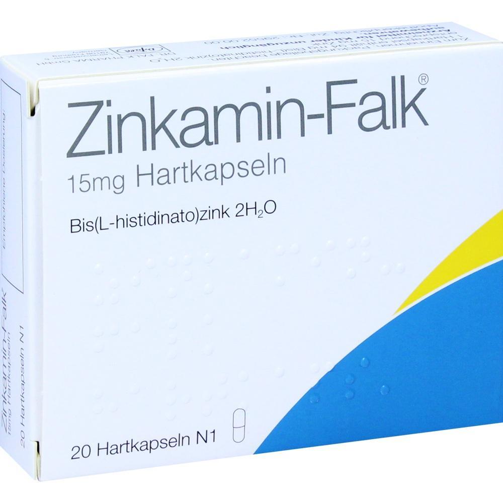 Eine Packung mit Zinkamin-Falk Kapseln liegt auf weißem Hintergrund.