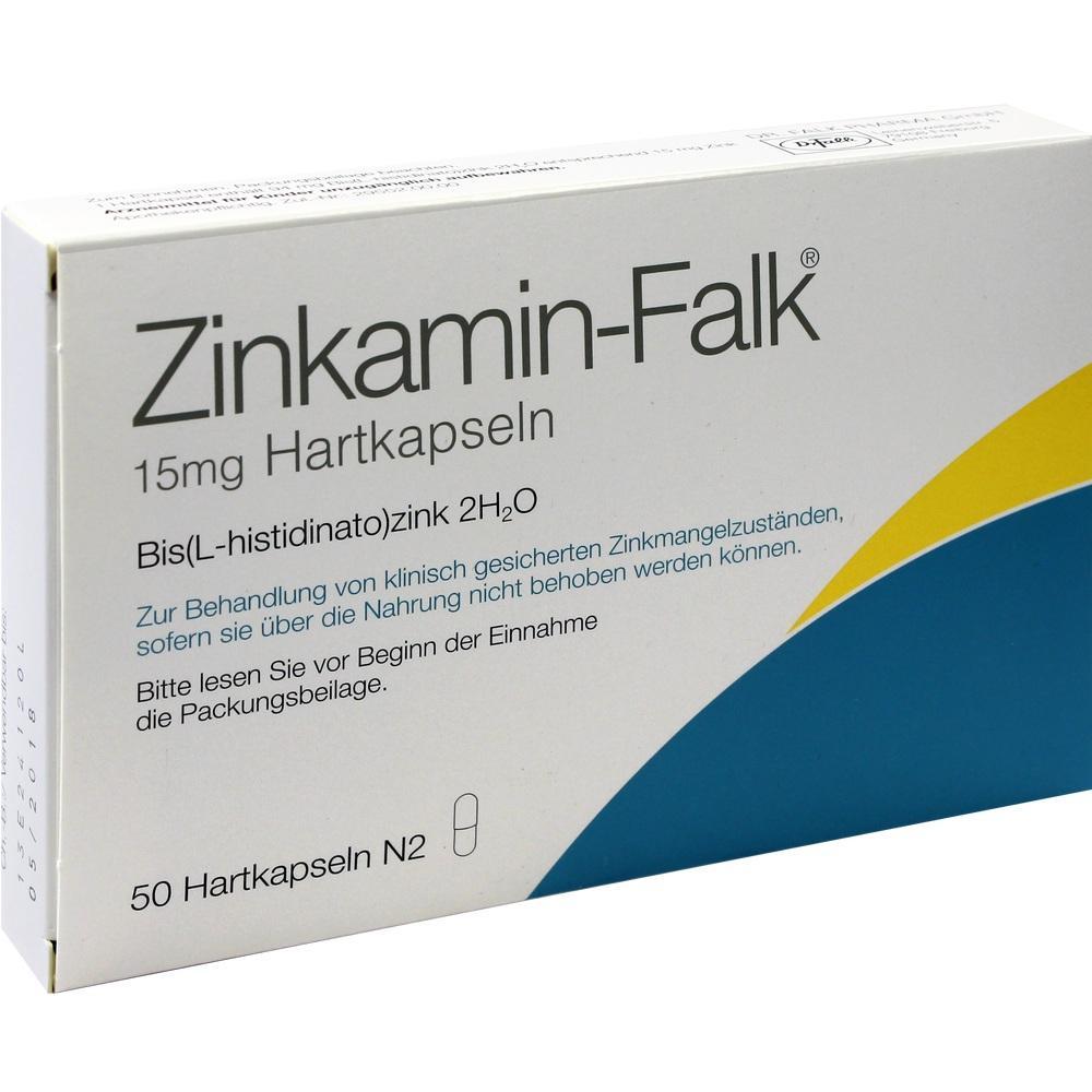 Eine Medikamentenpackung für Zinkamin-Falk Hartkapseln mit 15 mg Dosierung.