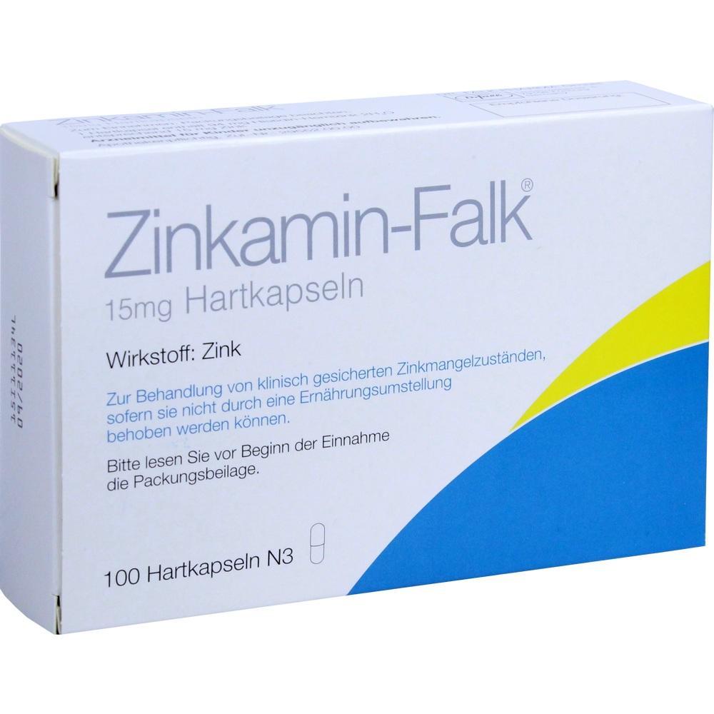 Weiße Medikamenten-Verpackung mit der Aufschrift „Zinkamin-Falk 15 mg Hartkapseln“.