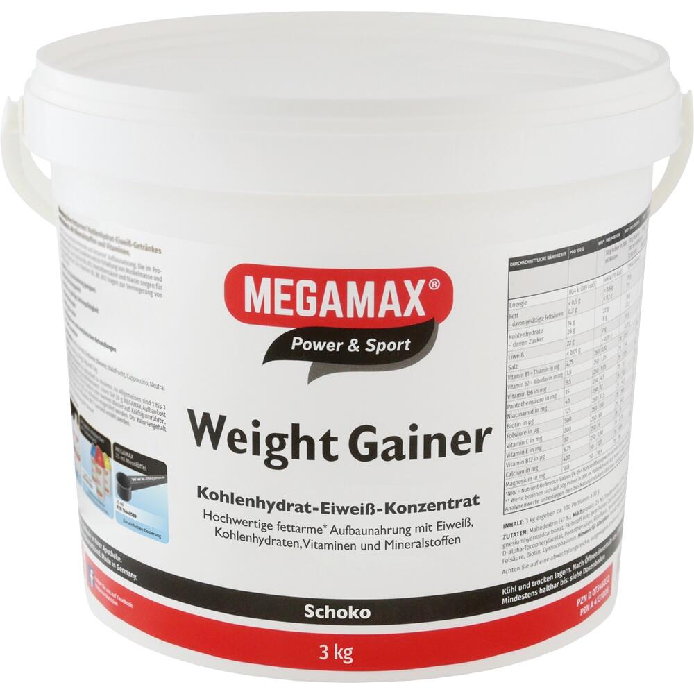 Großer weißer Eimer mit rotem Etikett, darauf steht "Megamax Weight Gainer".