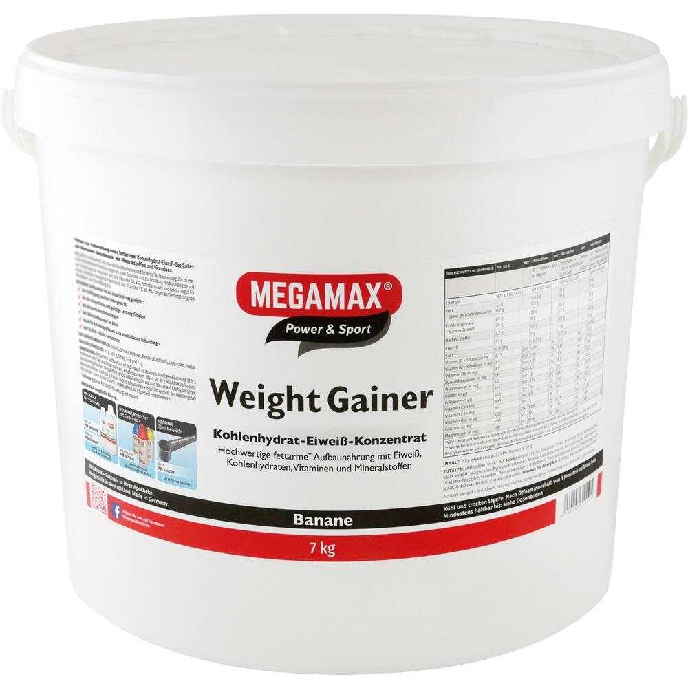 Ein weißer Eimer mit Megamax Weight Gainer Nahrungsergänzungsmittel.