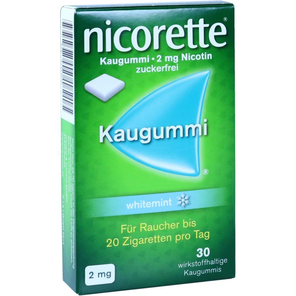 Grüne Packung Nicorette Kaugummi mit 2 mg Nikotin für Raucher.