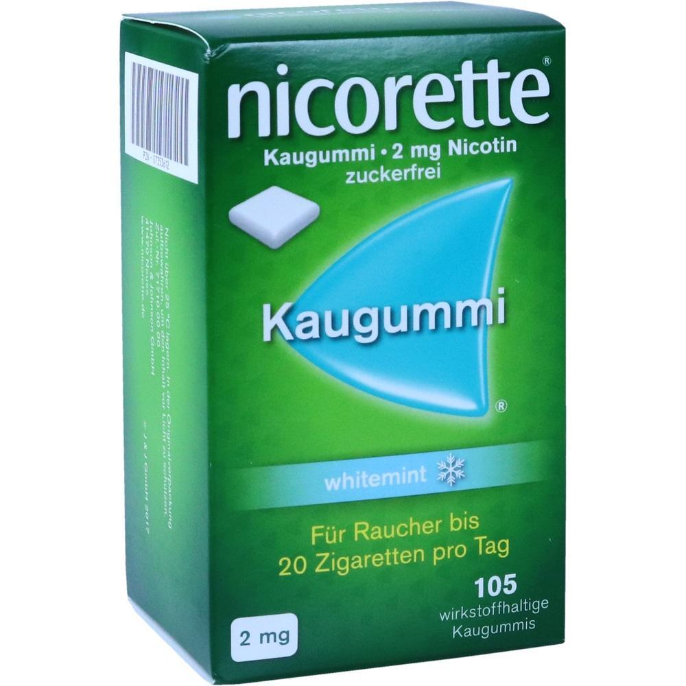 Grüne Packung Nicorette Kaugummi mit Minzgeschmack und 2 mg Nicotin.