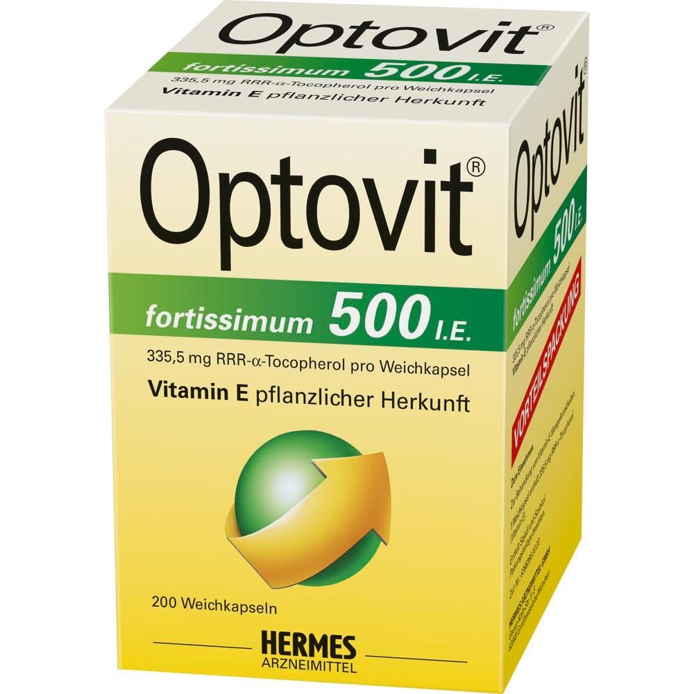 Eine Packung Optovit Vitamin E Weichkapseln von 500 I.E. aus pflanzlicher Herkunft.