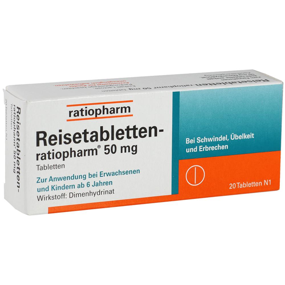 Schachtel mit Reisetabletten gegen Übelkeit und Schwindel für Erwachsene und Kinder ab 6 Jahren.