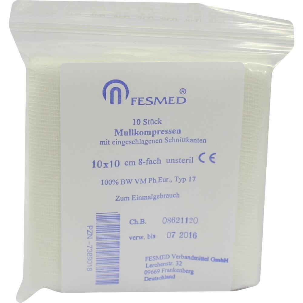 Eine Packung mit 10 unsterilen Mullkompressen von Fesmed.