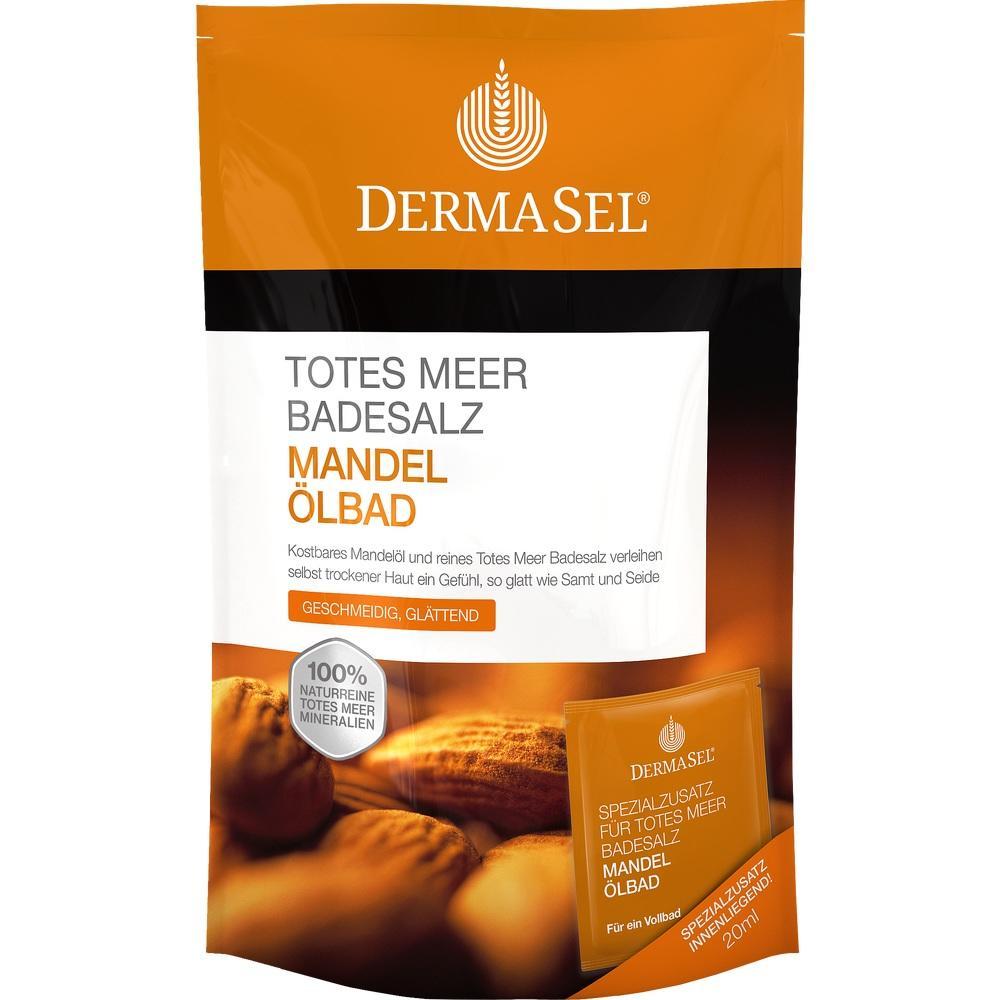 Verpackung f&uuml;r Badesalz mit Mandel&ouml;l von der Marke DERMASEL in Orange.