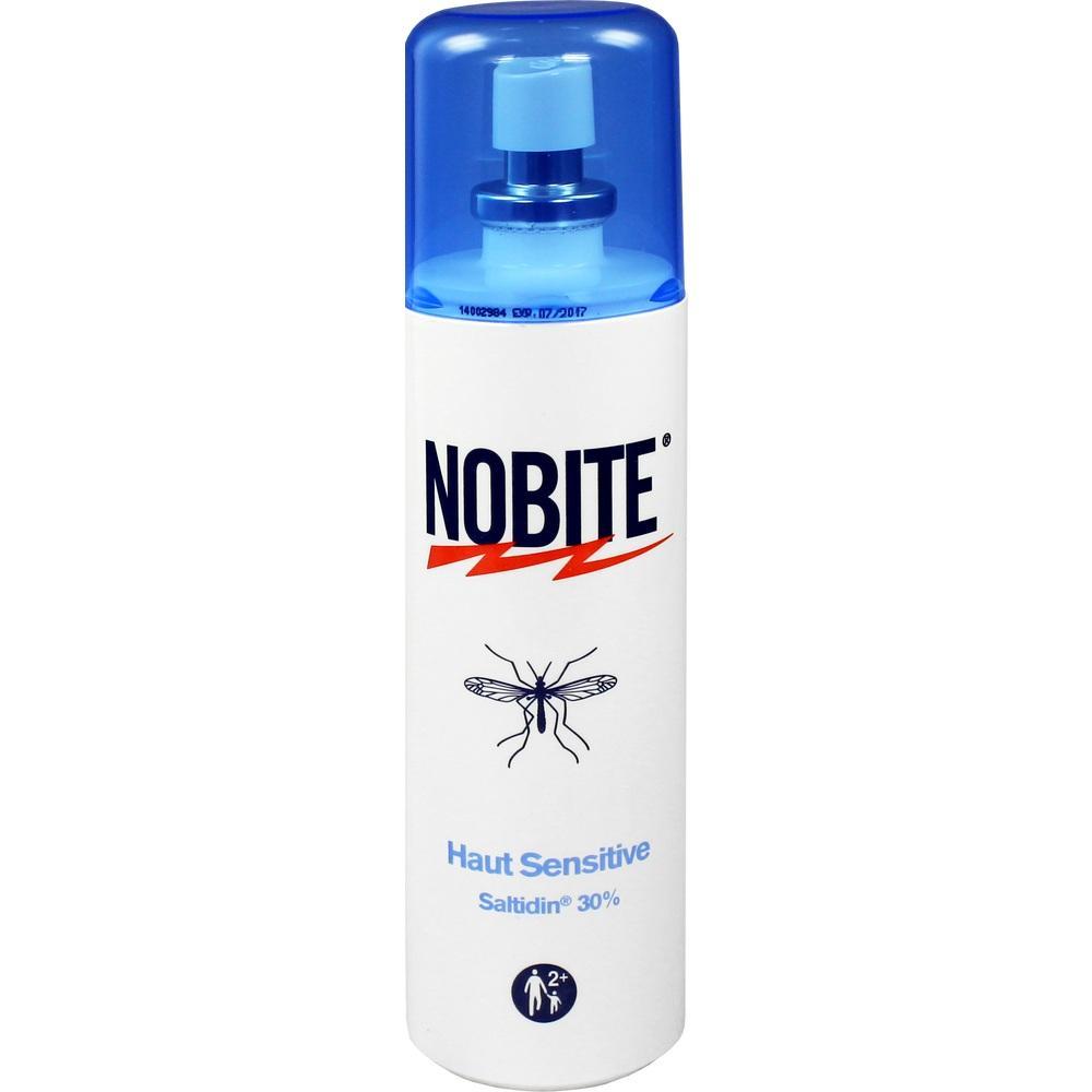 Wei&szlig;e Spr&uuml;hflasche mit blauem Deckel, beschriftet mit "NOBITE" und einem Moskito.