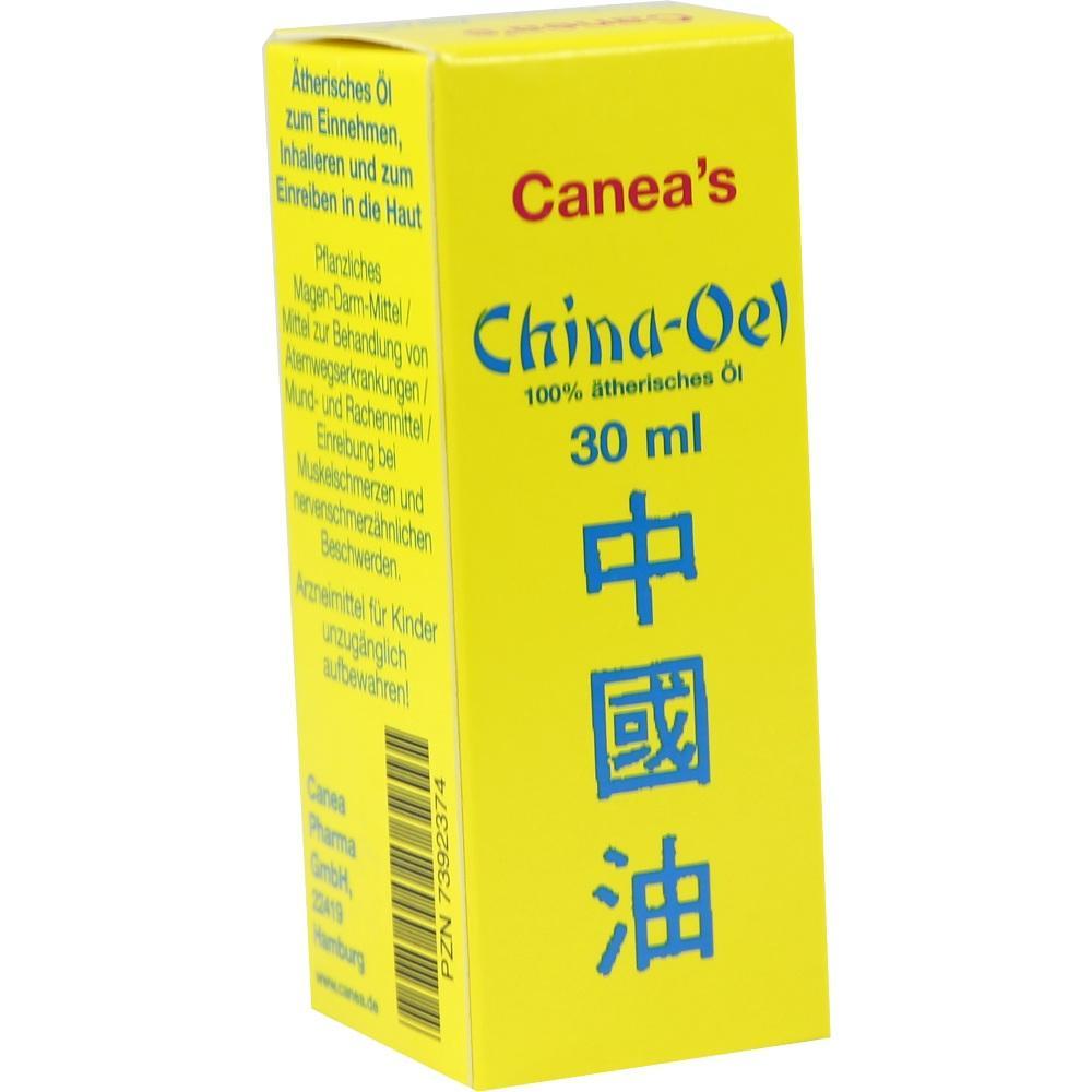 Gelbe Schachtel mit der Aufschrift "Canea's China-Öl, 30 ml, 100% ätherisches Öl".
