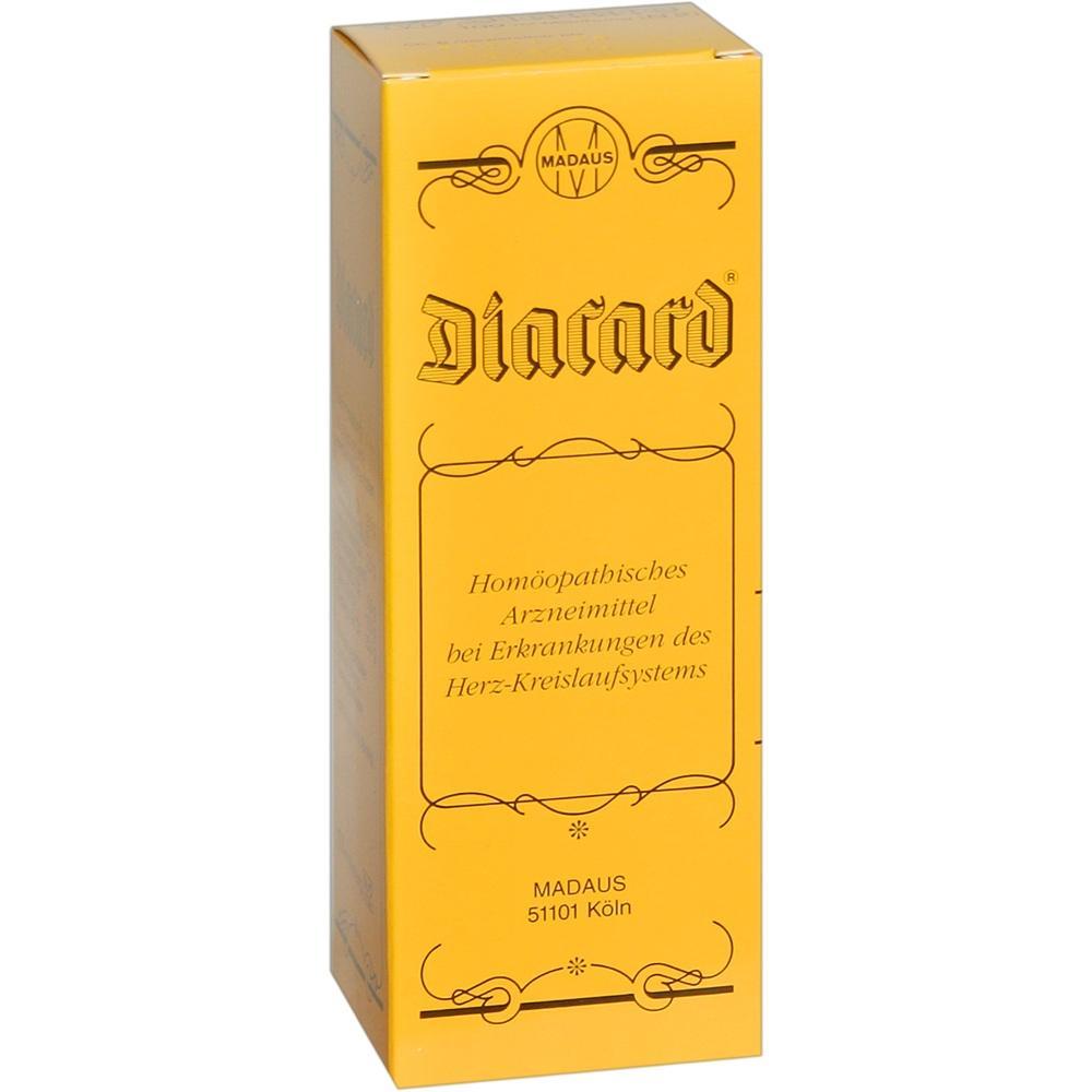 Gelbe Medikamentenverpackung mit der Aufschrift "Diacard" für das Herz-Kreislauf-System.