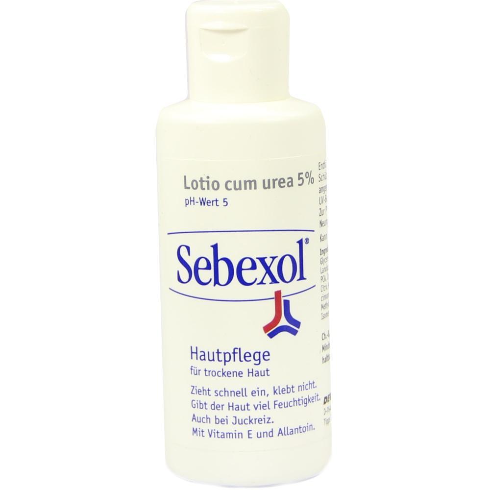 Weiße Flasche mit Sebexol Lotion für trockene Haut.