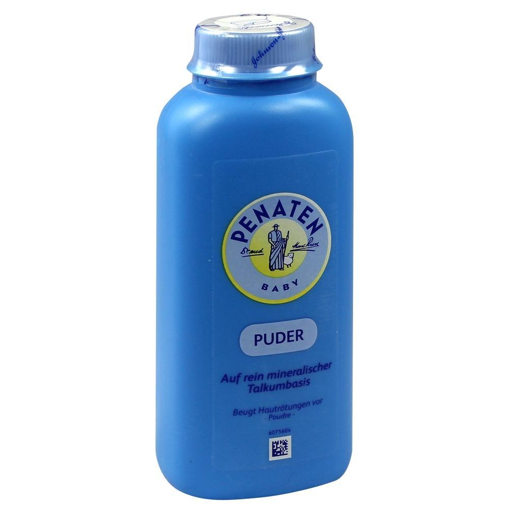 Eine blaue Flasche mit Baby-Puder von der Marke Penaten.
