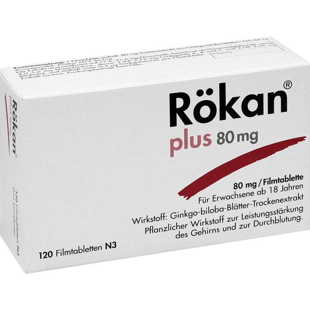Die Verpackung zeigt Rökan plus 80 mg Tabletten zur Förderung der Gehirnleistung.