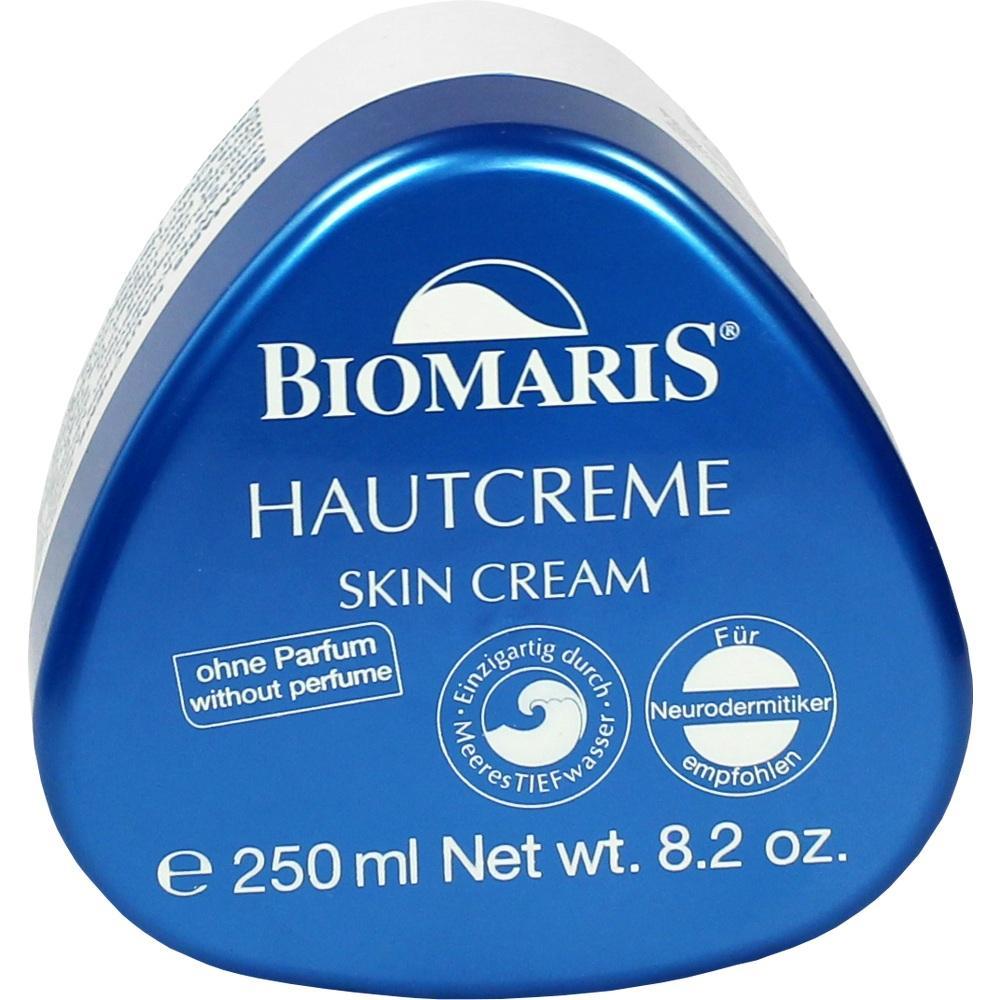 Blau-weiße Cremedose mit der Aufschrift "Biomaris Hautcreme ohne Parfum".