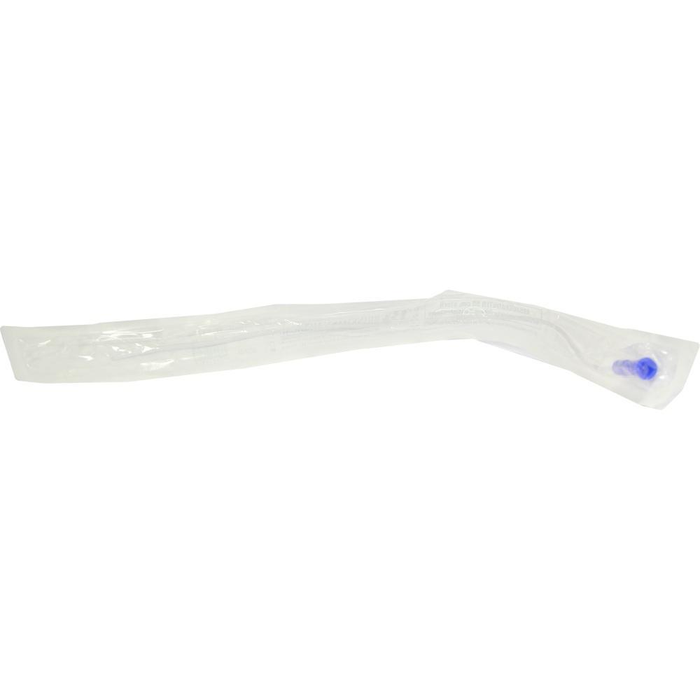 Ein dünner, transparenter Schlauch mit blauem Ende in Verpackung.
