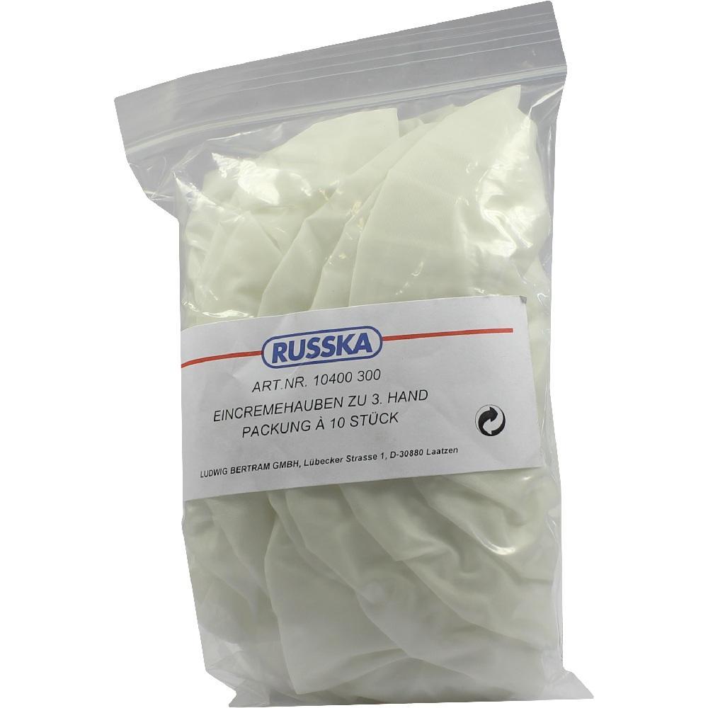 Eine Plastiktüte mit weißen Eincremehauben der Marke Russka.