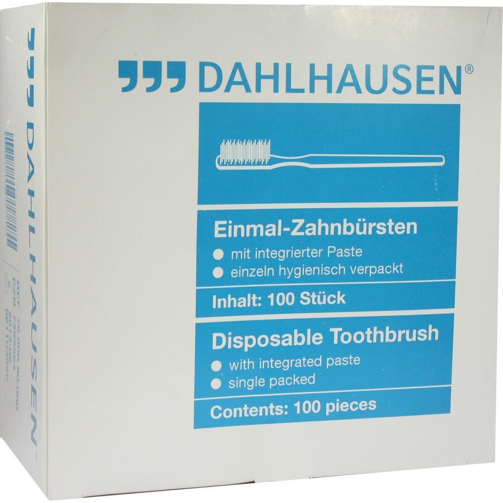 Eine Packung mit 100 Einmal-Zahnbürsten mit integrierter Paste.