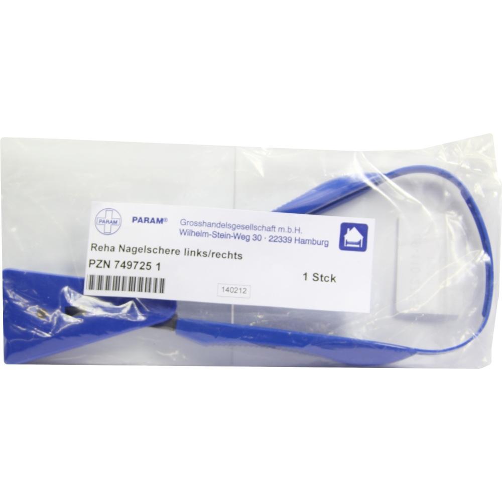 Blaue Nagelschere in Verpackung mit weißem Etikett und Text.