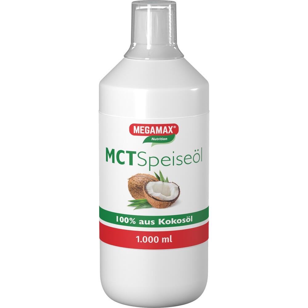 Weiße Flasche mit MCT-Speiseöl aus Kokosöl, 1000 ml.